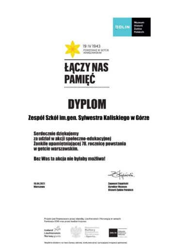 Dyplom dla Zespołu Szkół w Górze za udział w akcji "Żonkile".