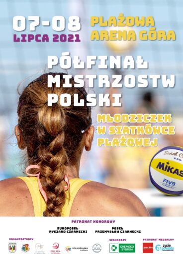 Plakat promujący Półfinał Mistrzostw Polski Młodziczek w siatkówce plażowej.
