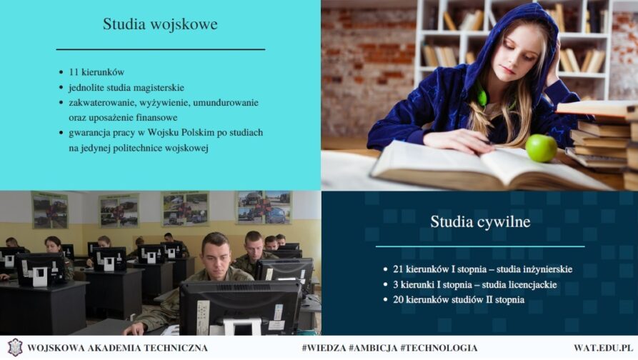 Grafika z prezentacji rekrutacyjnej na studia w Wojskowej Akademii Technicznej w Warszawie.