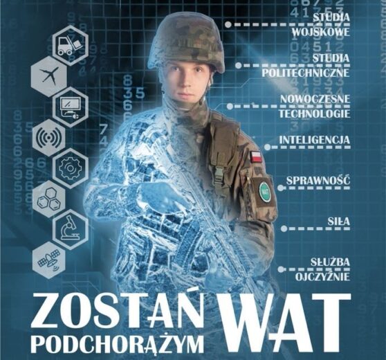 Grafika promująca rekrutację na studia w Wojskowej Akademii Technicznej w Warszawie.