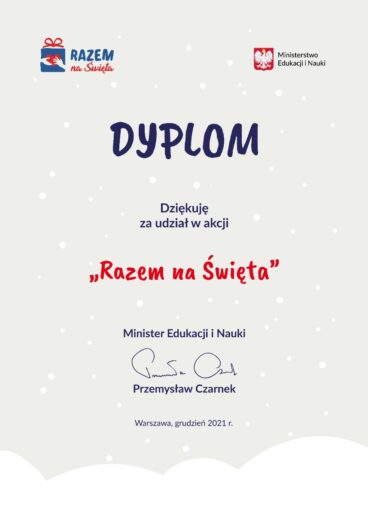 Dyplom za udział w akcji "Razem na Święta" 2021 r.