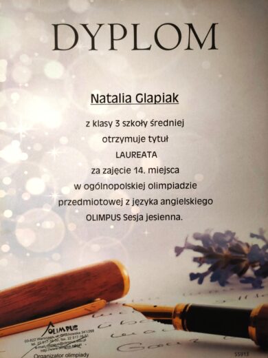 Dyplom dla laureata ogólnopolskiej olimpiady przedmiotowej "Olimpus".