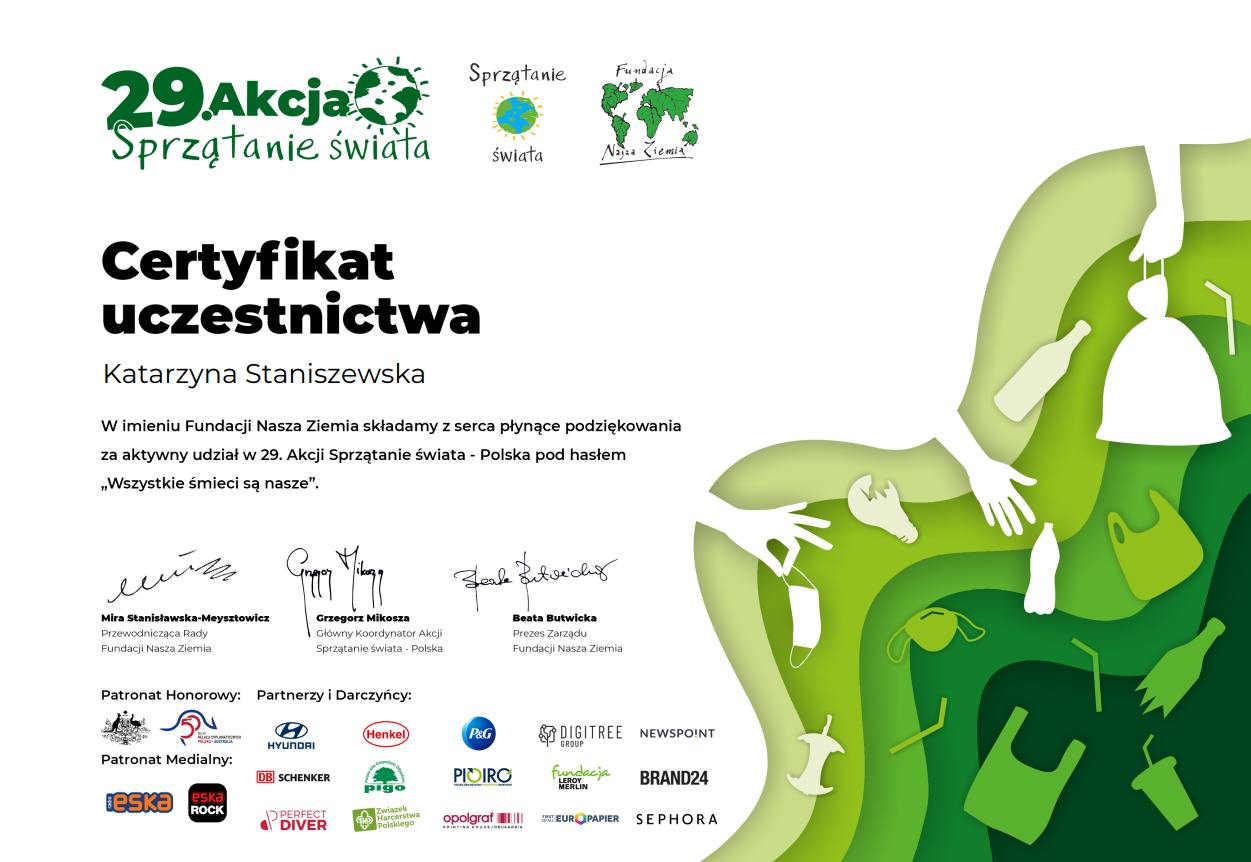 Certyfikat uczestnictwa Katarzyny Staniszewskiej w 29 Akcji Sprzątania Świata
