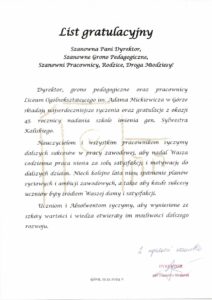 List gratulacyjny z okazji 45-lecia nadania szkole imienia gen. Sylwestra Kaliskiego