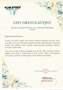 List gratulacyjny z okazji 45-lecia nadania szkole imienia gen. Sylwestra Kaliskiego