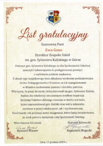 List gratulacyjny z okazji 45-lecia nadania szkole imienia gen. Sylwestra Kaliskiego