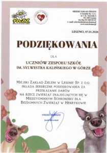 Dyplom za przekazanie darów dla schroniska w Henrykowie.